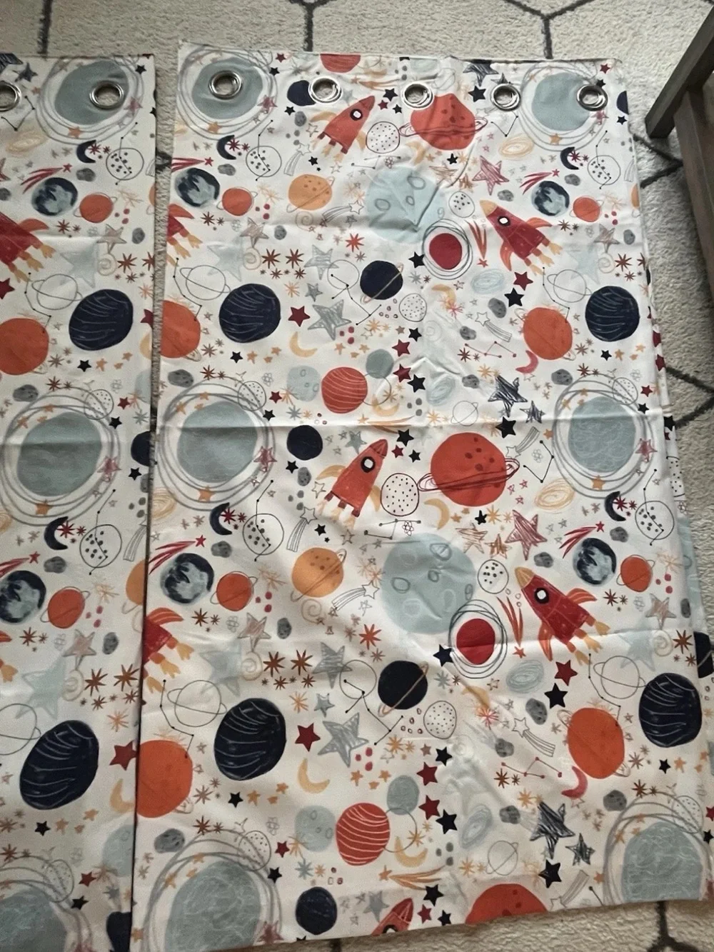 Next Kids Space Doodle Planets Black Out Curtains Blue Orange White 66”x54”